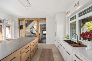 classic grey painted kitchen white oak island