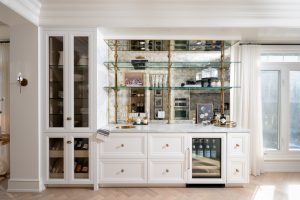 bar glass display cabinets mirror backsplash gold shelves custom
