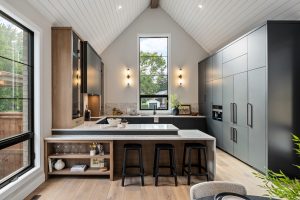 tall ceiling kitchen wood and grey cabinets