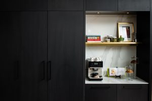 black cabinets stone open shelf