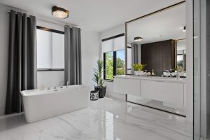 floating vanity with large mirror white bathroom