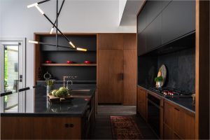contemporary kitchen black and wood cabinets