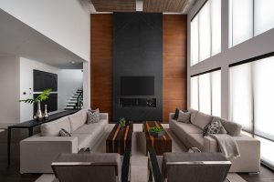 black and wood custom fireplace