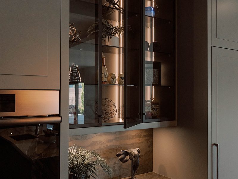 Black display cabinets inside kitchen