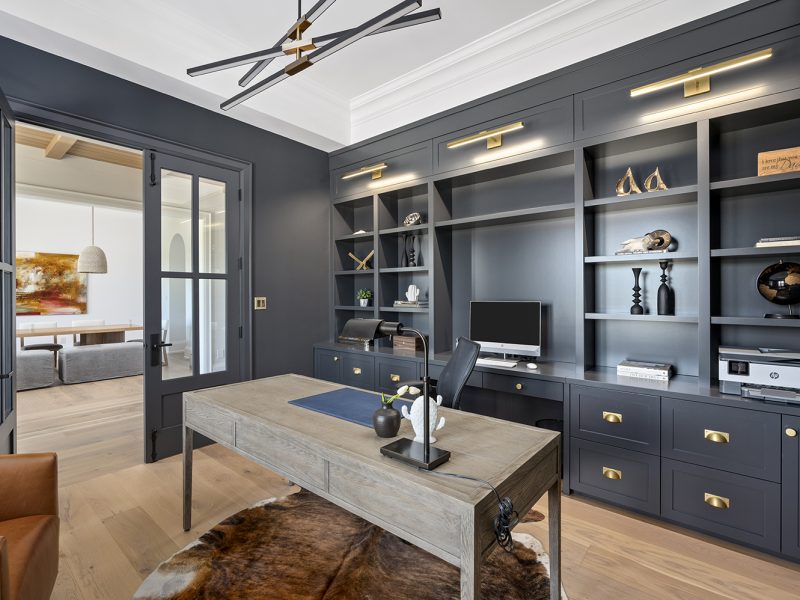 Black home office cabinets with open storage