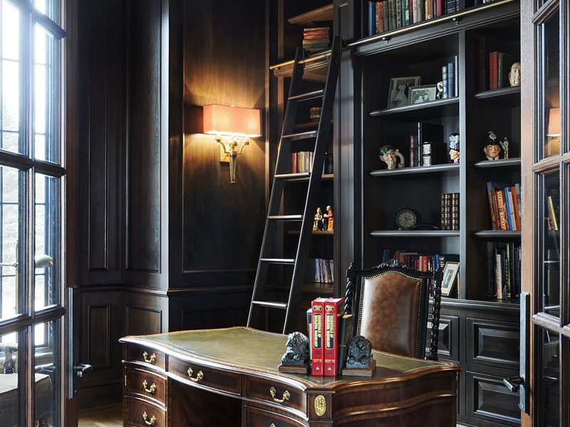 Traditional black office cabinets with ladder