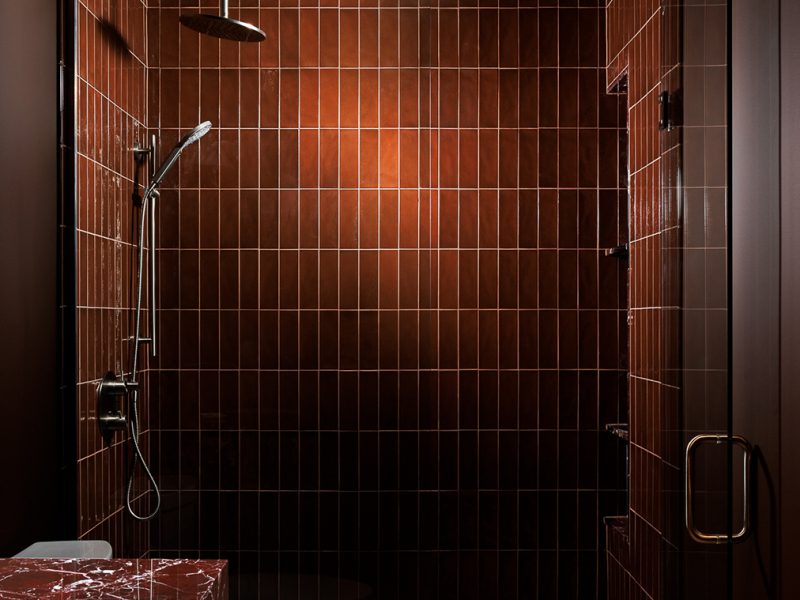 Reddish brown tiled shower