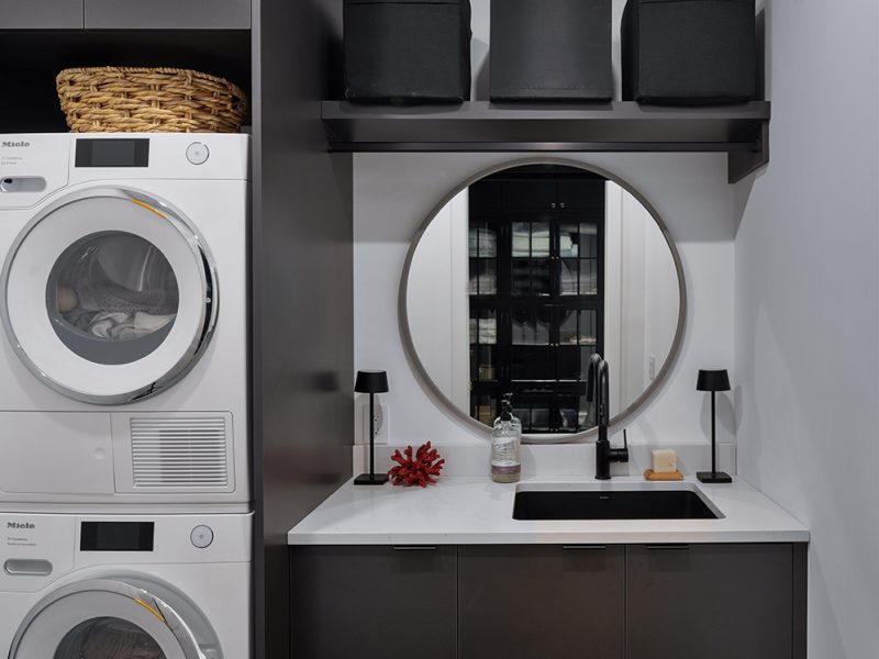 Dark laundry room with sink and countertop