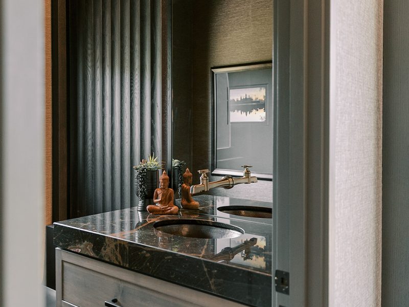 Dark moody powder room vanity