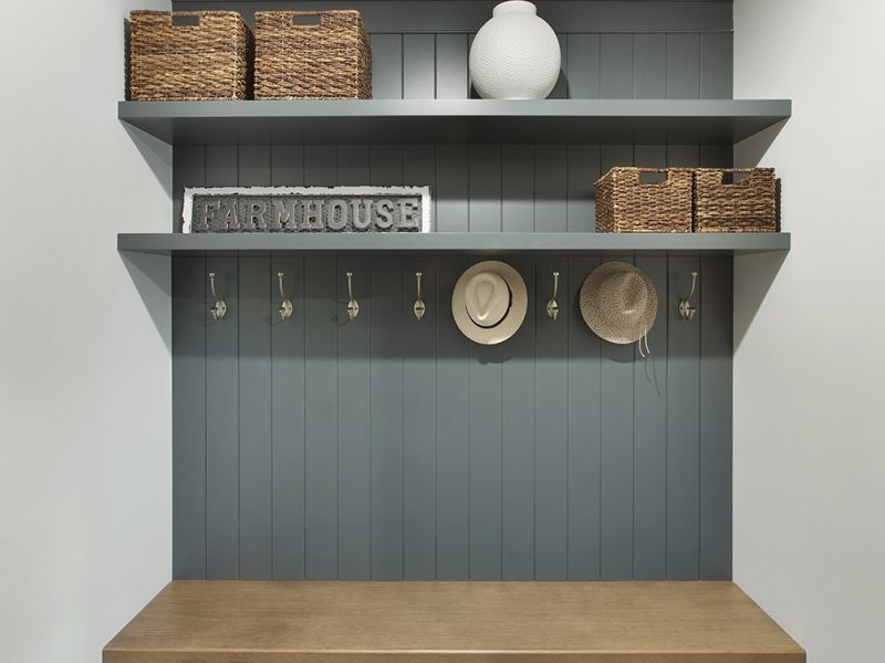 Grey blue mudroom cabinet with bench