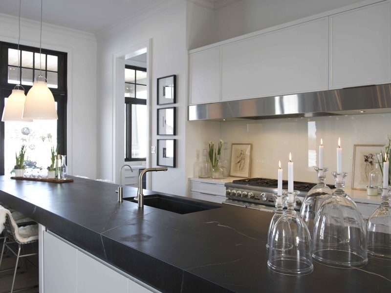 Kitchen island with black countertop