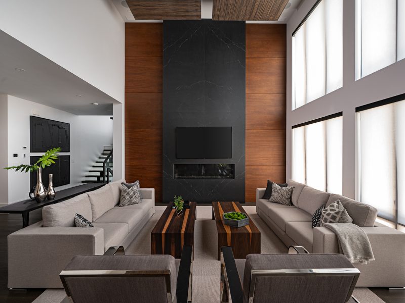 Living room fireplace with black and walnut panels