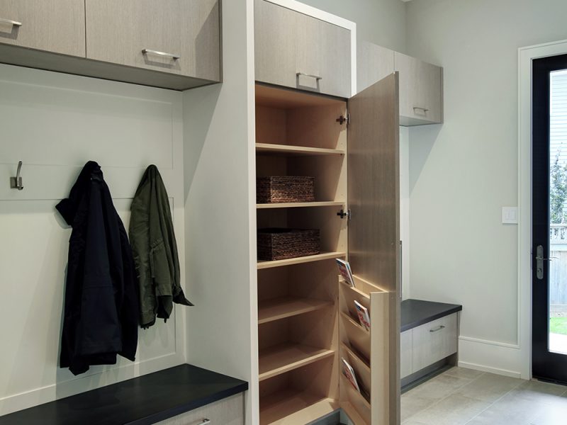 Magazine storage inside mudroom cabinet