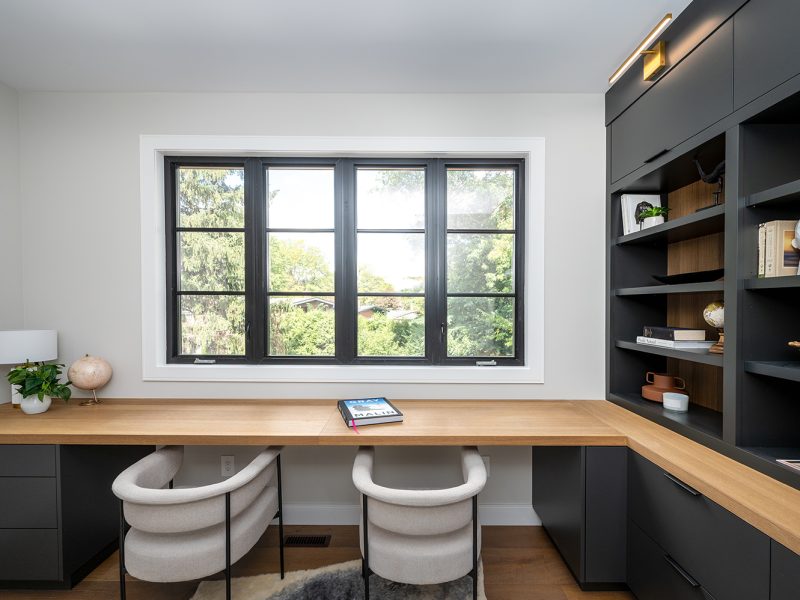 Home office with wood desk
