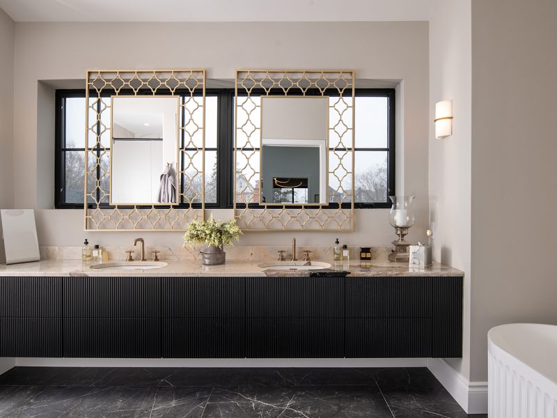 Primary bathroom vanity with two sinks