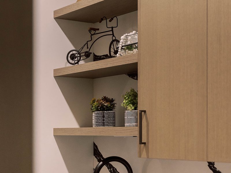 Open shelving inside laundry room