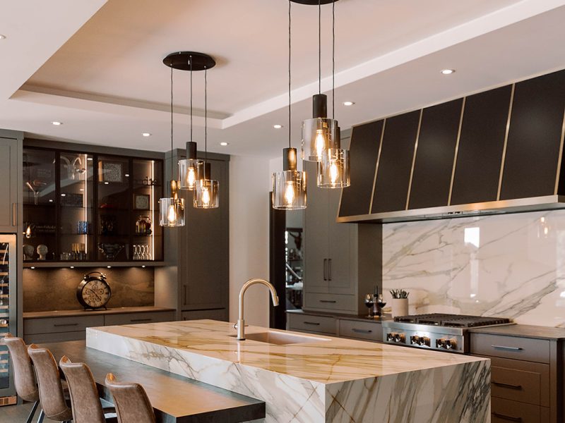 Stone kitchen island with attached seating