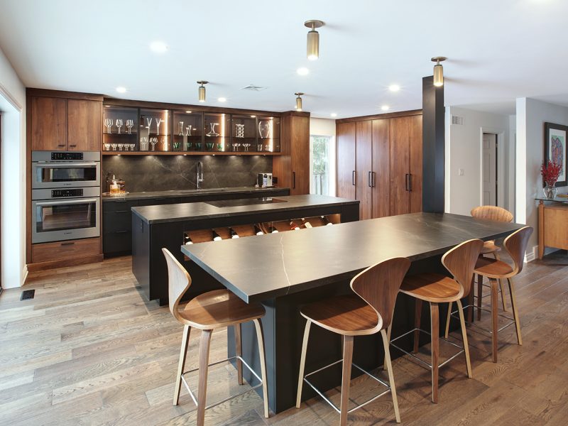 Walnut and black kitchen cabinets