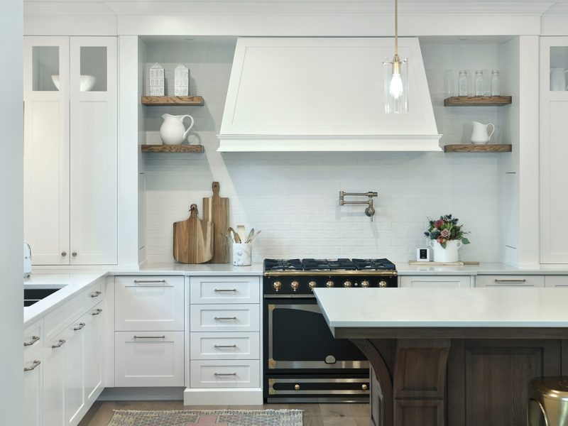 White hood with floating wood shelves