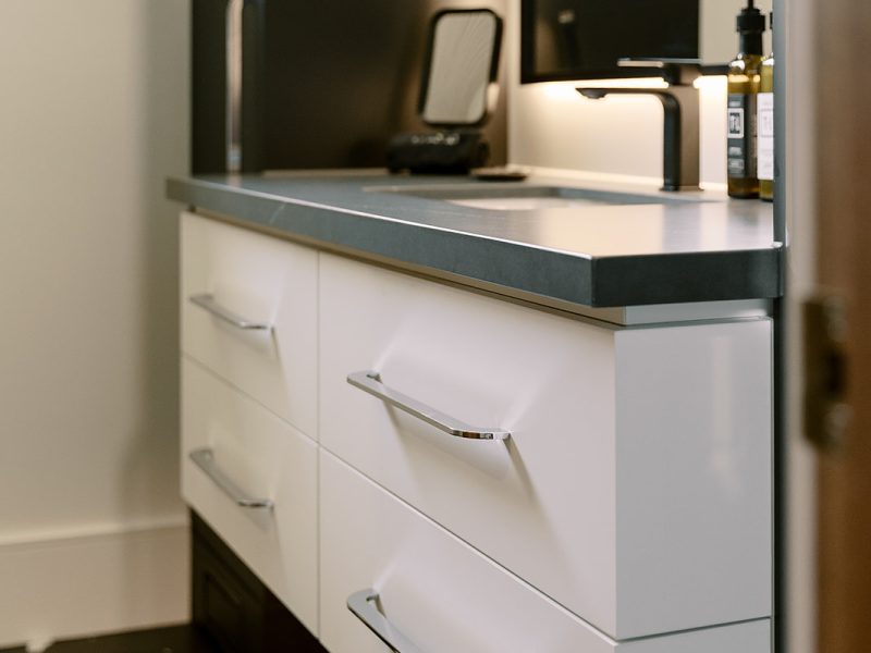White vanity with silver hardware