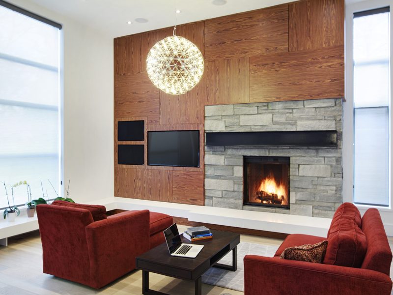Wood panel fireplace wall